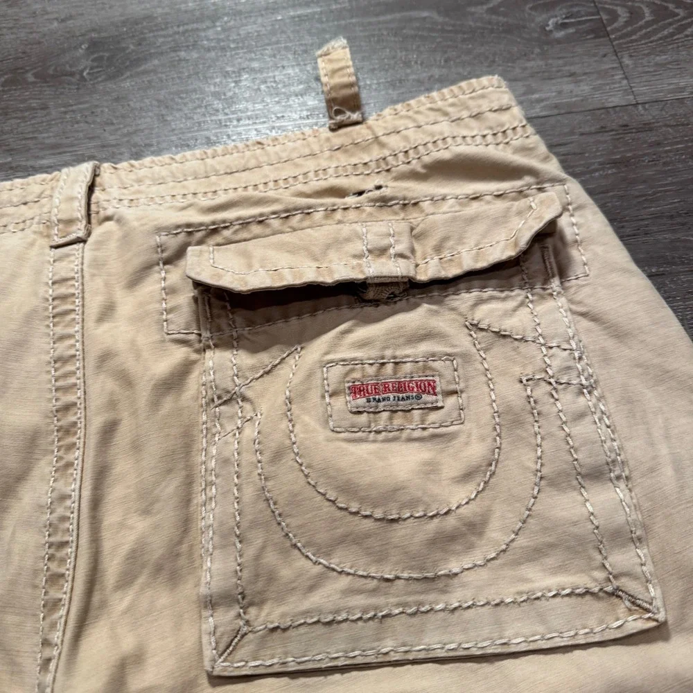True Religion Cargo Shorts Mens 34 Cotton Big T Stitch Khaki Relaxed Y2K 36x12